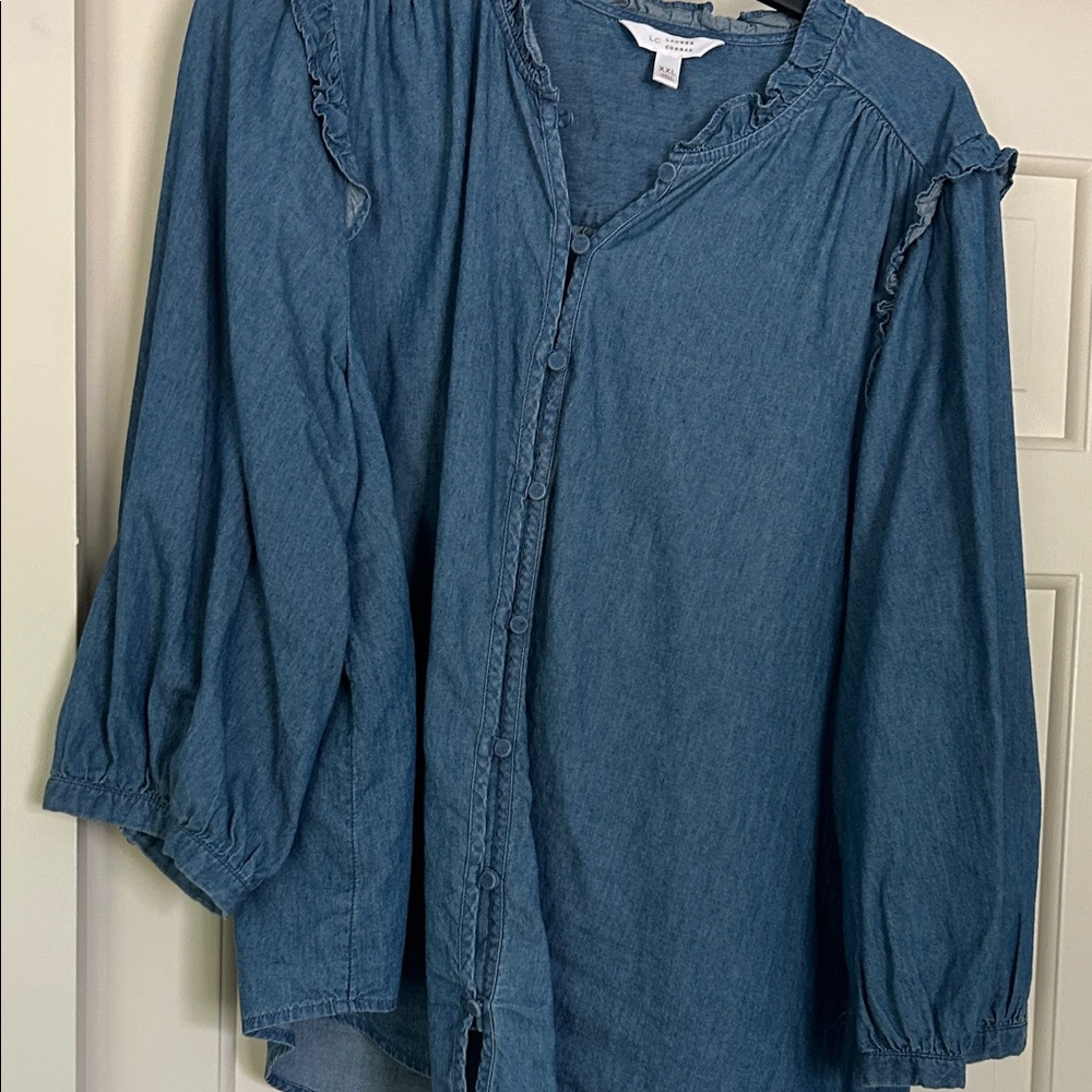 LC Lauren Conrad Blue Ruffled Asymmetrical Blouse